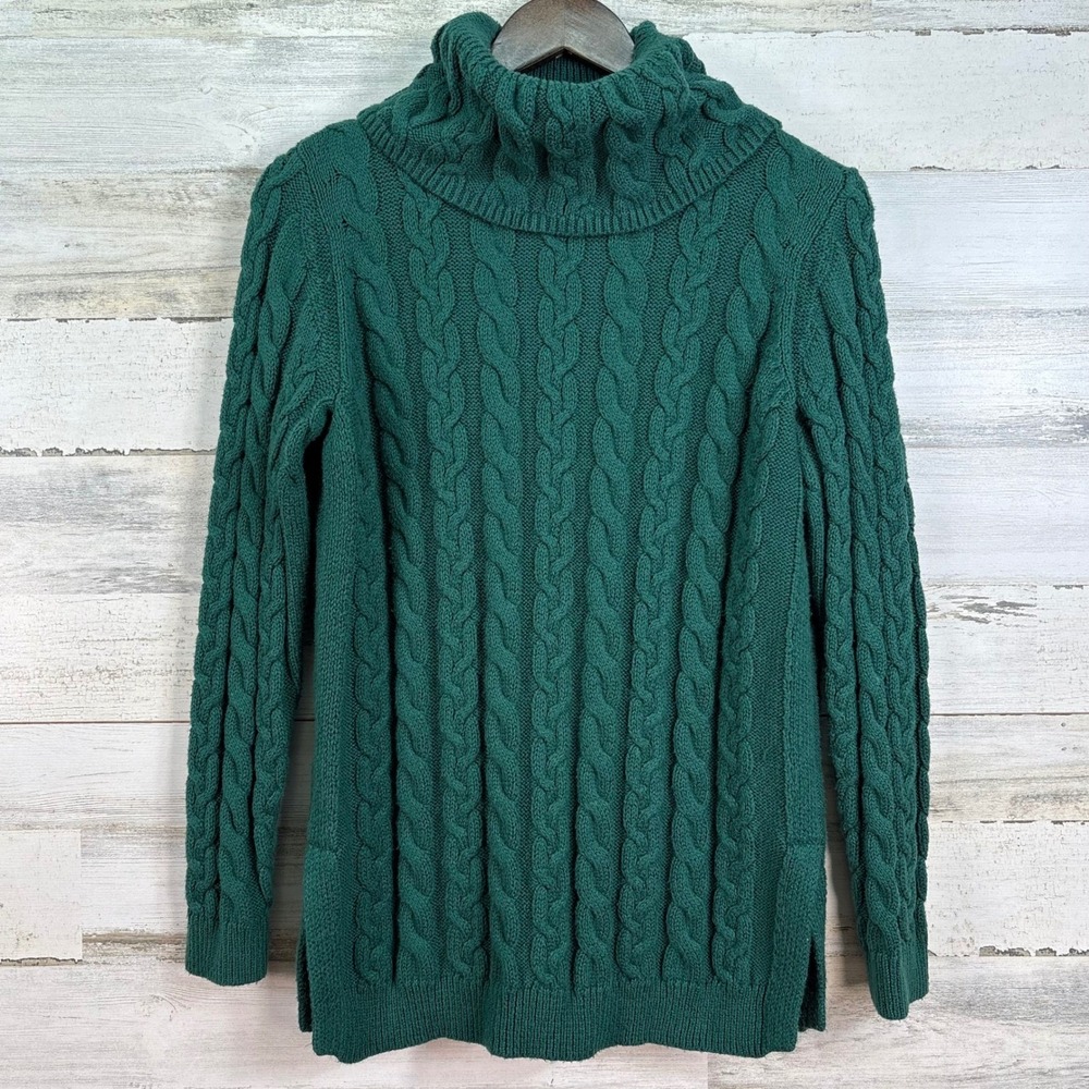 Talbots Womens Green Cable Knit Turtle Neck Long Sweater Size S Cotton‎ Blend